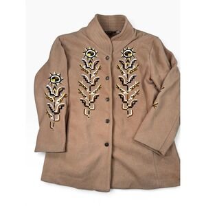 Bob Mackie Wearable Art Embroidered Fleece Jacket Tan Camel XL A11560